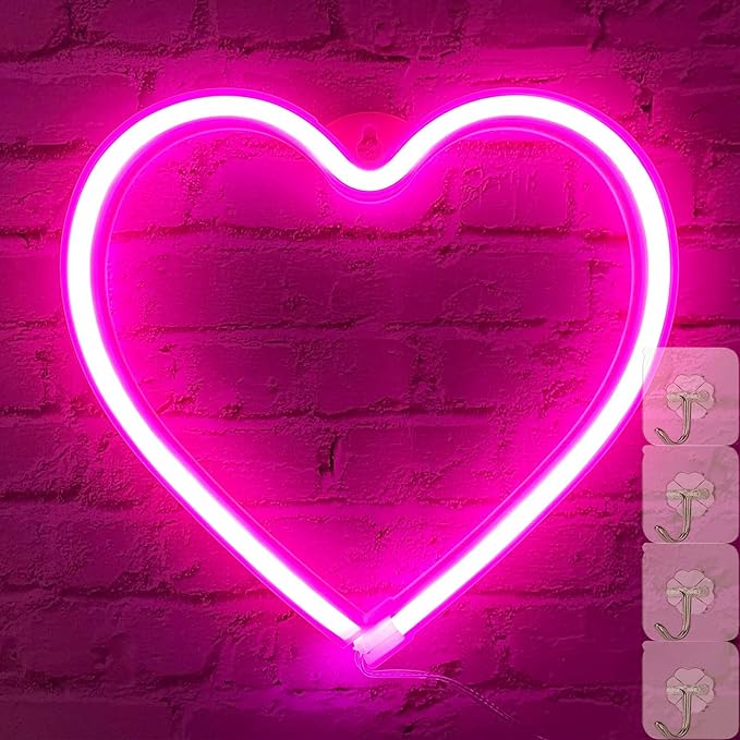 Neon Heart Lights - Pink LED Heart Lamp, Decorations for Home, Hanging Gifts, USB/Battery Operated for Bedroom, Living Room