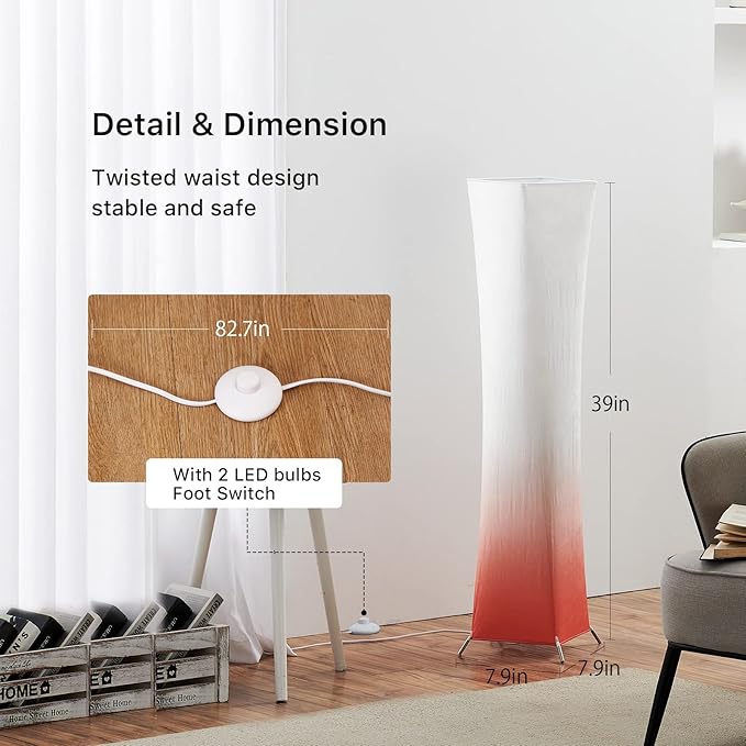 chiphy Floor Lamp, Dimmable 39" (XS) Tall Standing Lamp, 3 Levels Adjustable Brightness LED Bulbs, Column Floor Light, Red Gradient Fabric Lampshade, Home Decor for Living Room, Bedroom, Kids Room