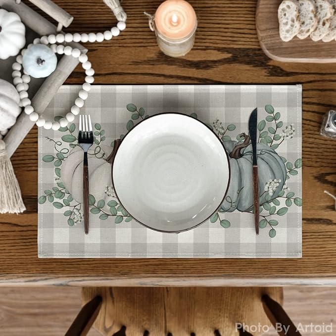 Artoid Mode Pumpkins Eucalyptus Leaves Fall Placemats Set of 4, 12x18 Inch Autumn Thanksgiving Harvest Vintage Table Mat for Party Dining Decoration