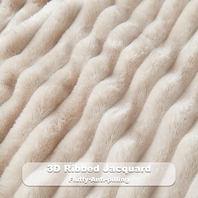 NEWCOSPLAY Super Soft Queen Blanket Linen Premium Silky Flannel Fleece 3D Ribbed Jacquard Lightweight Bed Blanket All Season Use (Linen Ribbed, Queen(90"x90"))