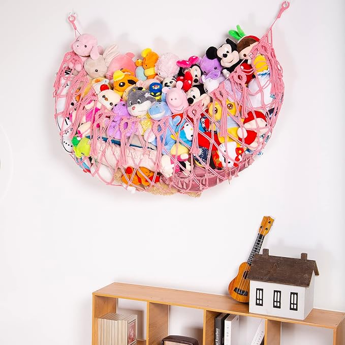 Stuffed Animal Net or Hammock Wall Hanging Net for Stuffed Animal Storage Macrame Toy Display Plush Toy Holder Soft Toy organizer for Nurery Baby Bedroom Playroom-Pink