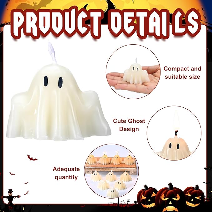 Jutom 10 Pieces Halloween Ghost Candles Burning Candles 2.17 x 1.77 Inches Soy Wax White Halloween Party Decorations