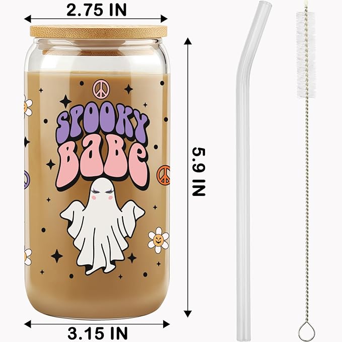 Gift for Her, Halloween Sister Friend Gifts, Spooky Season Gift, Hallowmas Glass Can Cups, Stay Spooky GIced Coffee Mug, Fall Glass Cups, Halloween Gifts, Hallowmas Lover 16 OZ Cup with Lid and Straw