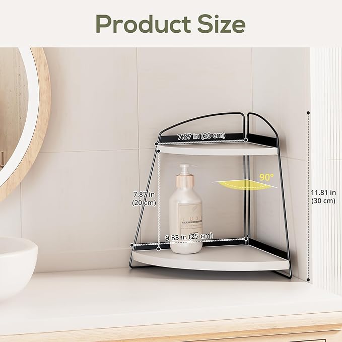 Puricon Bathroom Counter Organizer, 2 Tier Corner Countertop Storage Shelf Bathroom Sink Organizer, Wood Triangle Bathroom Organization for Skincare Kitchen Vanitity -White, 2 Pack