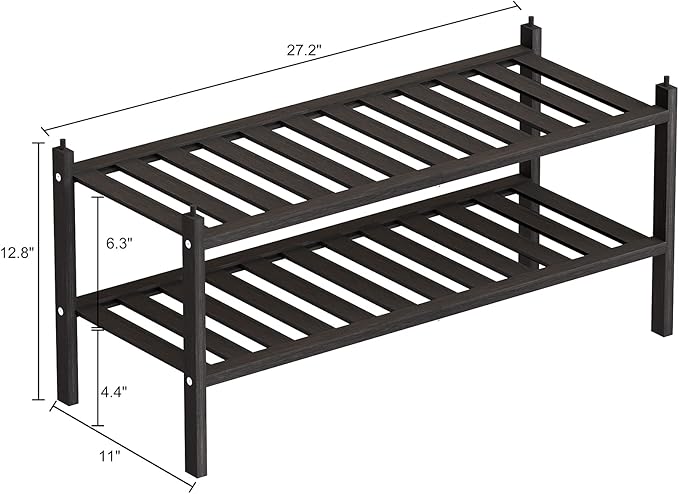 Shoe Rack, 2-Tier Bamboo Stackable Shelf Storage Organizer, Stand for Closet, Entryway and Hallway (Black)