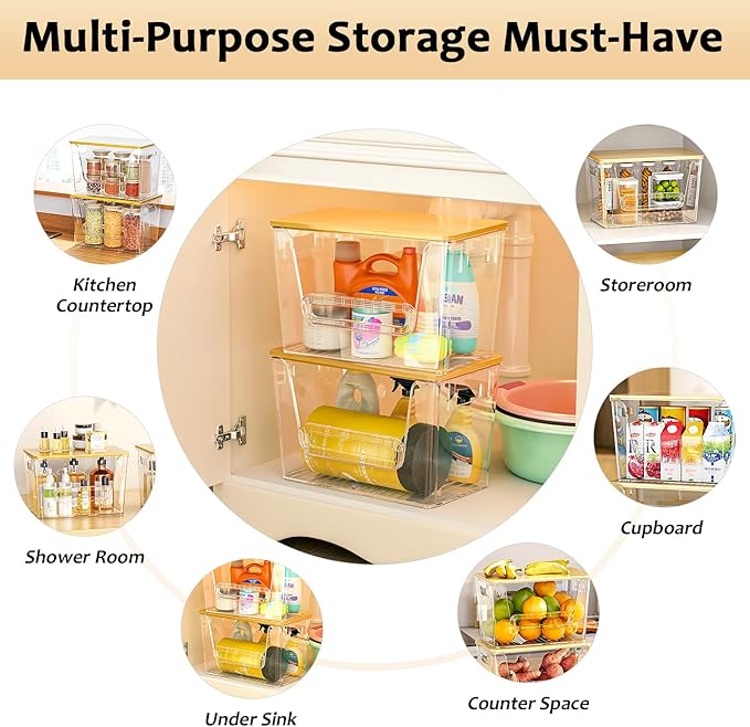 Delamu 2 Set Pantry organizers and Storage,kitchen organizers and storage with Bamboo Top,Stackable Garbage Bag Organizer for 4-30 Gal Bags,Onion,Potato,Fruits,Clear(11.22" L *7" W*7.12" H)