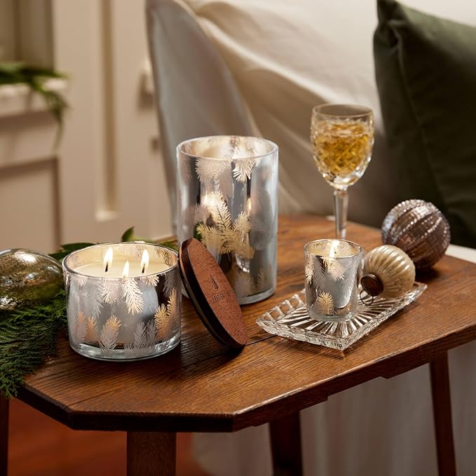 Thymes Frasier Fir Candles - Statement Collection - Silver with Pine Needle Design - Scented Candles for Home Decor - Notes of Siberian Fir Needles, Cedarwood & Sandalwood - Medium Luminary (20 oz)