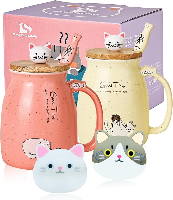 SHENDONG 2 Pack Cat Mugs Cute Ceramic Coffee Cups Set of 2 with Kawaii Bamboo Lid and Spoon Novelty Morning Cup Coffee Milk Tea Mugs - 3D Animal Cat Mugs for Cat Lovers Women Gifts(Red and Yellow)