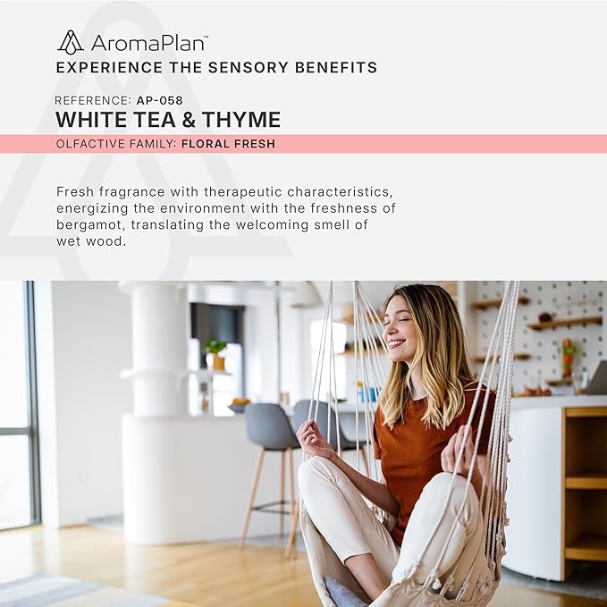 Aromaplan Hotel Scents White Tea & Thyme 5 Fl Oz (148ml), Home Luxury Aroma & Hotel Fragrance Diffuser Oil- Hotel Diffuser Oil for Aromatherapy- USA Made, Bigger Bottle, Bolder Aroma & Longer Lasting