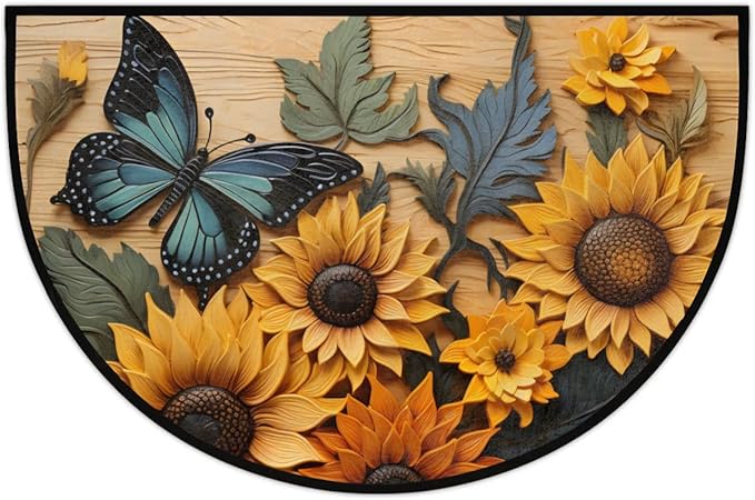Half Round Door Mat Sunflower Butterfly Non Slip Bath Mats Absorbent Front Porch Rugs Shower Mat for Living Room Bedroom Kitchen Bathroom Floor Home Decor