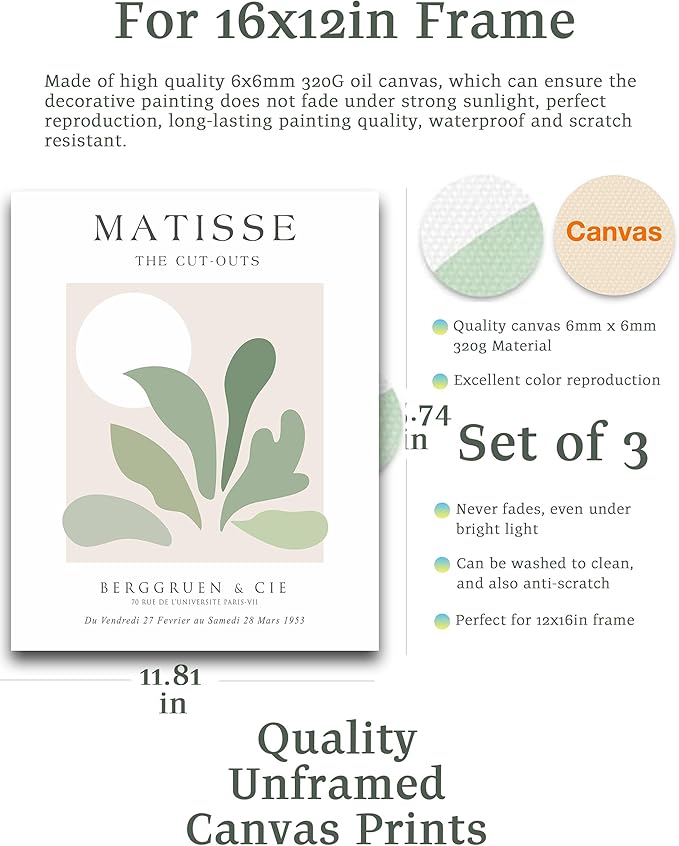 Unframed Sage Green Wall Art Set of 3,12x16IN Abstract Matisse Wall Decor,Quality Canvas Prints Posters Decoration for Bathroom Living Room Bedroom