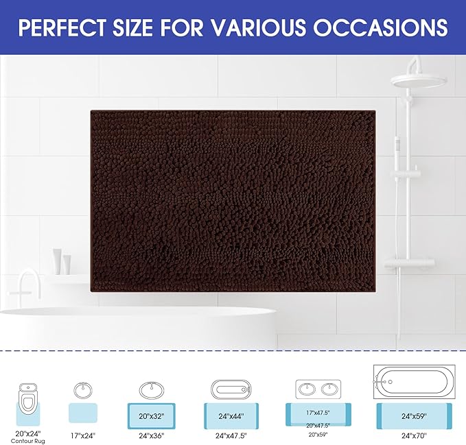 ACCUMTEK Striped Brown Bathroom Rug Mat 32"x20" Ultra Soft, Non Slip Chenille Bath Rugs, Absorbent Plush Shaggy Bath Mats for Bathroom, Bedroom, Kitchen, Shower, Tub