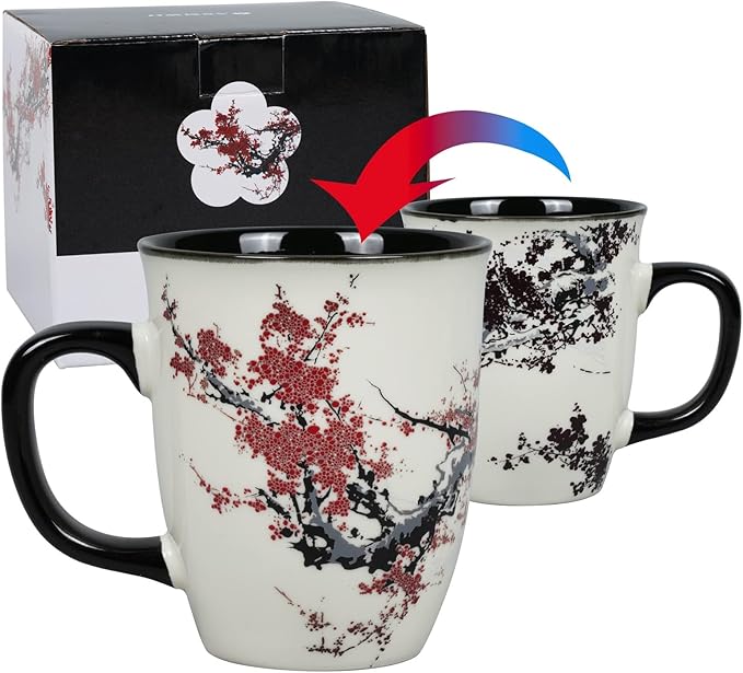 Color Changing Heat Sensitive Magic Funny Art Mug Large Coffee Tea Plum Blossom Porcelain Mugs for Women Mom grandma Gifts 16oz Black Change Glow Red Cups