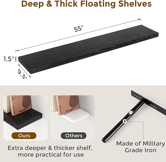 55"W x 9"D Floating Shelves Set of 2, 9.3 Inch Deep Floating Shelves Wall Mounted, Wide Wall Shelves Invisible Bracket, Deep Storage Shelves for Living Room, Bathroom, Kitchen, Black Color