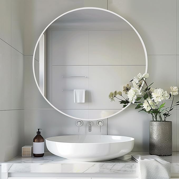 White Round Mirror 30 inch, Large Round Mirror, Bathroom Mirror Matte Metal Frame, Circle Mirrors for Living Room, Bathroom, Wall, Hallway.
