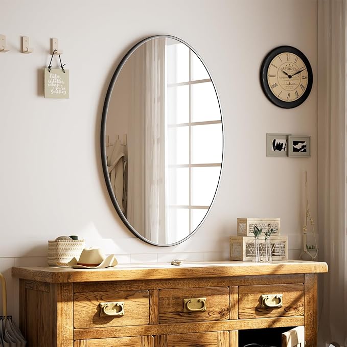 Black Oval Bathroom Mirror, 26 x 38 inch Modern Oval Wall Mounted Vanity Mirror with Tempered Glass Hanging Horizontally or Vertically, Black