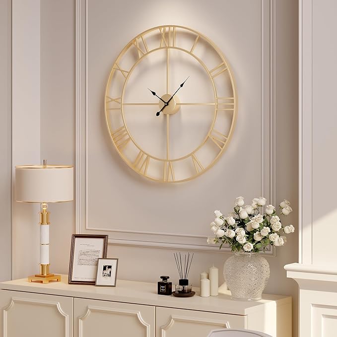 Wall Clock, Large 36 Inch Gold Decorative Wall Clock for Living Room Decor, Modern Metal Roman Numeral Battery-Operated for Dinning Room, Home, Office, Kitchen, Mantel