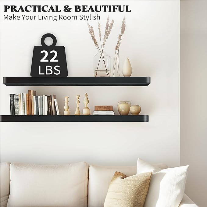 Floating Shelves for Wall, Wood Shelves with Invisible Brackets for Bathroom, Living Room, Bedroom and Kitchen, Long Wall Shelf for Books/Storage/Room Decor, 24 Inch, Set of 2, Black