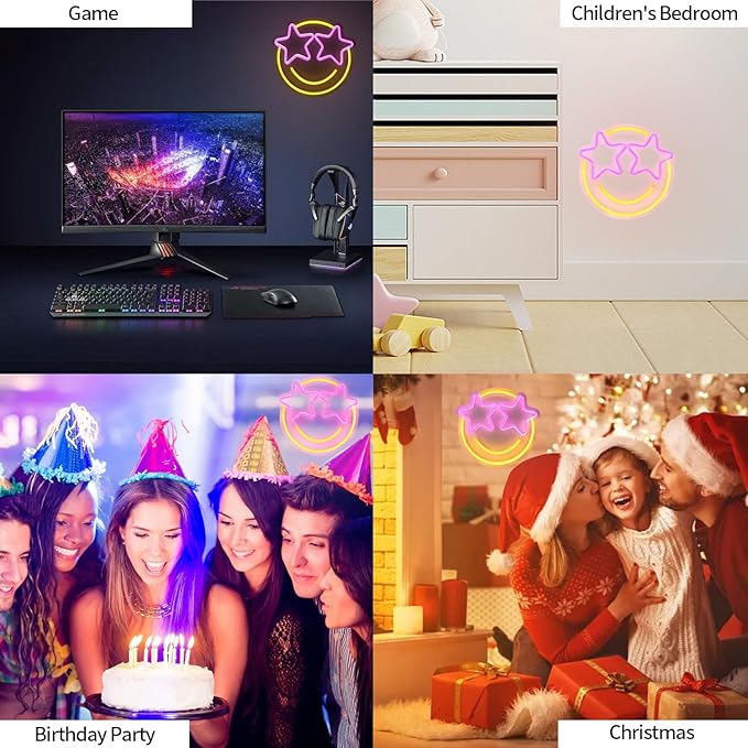 Smile Face Neon Sign, Wootfairy Led Neon Signs for Wall Decor, Dimmable Neon Light for Bedroom, Gaming Room, Kids Room, Bar Decoration, Yellow and Pink Light Up Signs for Wedding Birthday Party