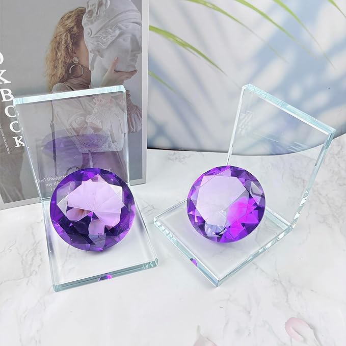 Crystal Bookends Decorative Glass Book Holders Heavy Duty Book Ends with Diamond for Shelf Decor Unique Book Stopper Purple