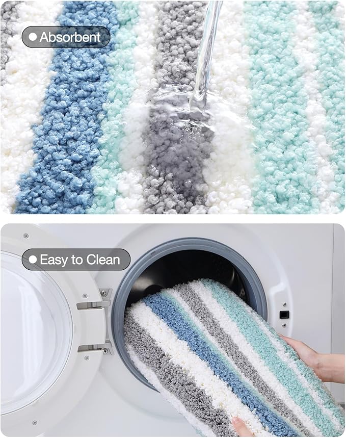 LUMI Striped Bath Rugs, Extra Soft and Absorbent Microfiber Bath Mat, Machine Wash Non-Slip for Bathtub or Bathroom Floor, 24"x43", Blue