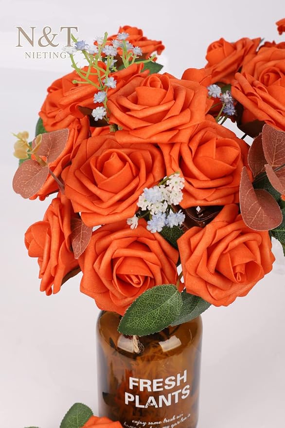 N&T NIETING Artificial Flowers, Fake Flowers Burnt Orange Roses Perfect for DIY Wedding Bridal Bouquets Centerpieces Bridal Shower Party Home Flower Arrangement Decorations, 50Pcs