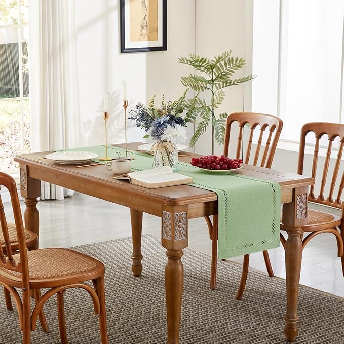 Burlap Style Farmhouse Table Runner, 13 x 60 Inch Avocado Green, Rustic Geometric Hollow Table Runners 60 Inches Long for Dresser Table Everyday Use, 13x60 Inches, Avocado Green