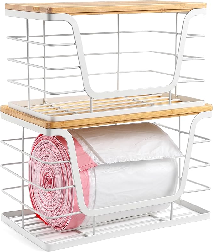 2 Pack Extra Large Trash Bag Holder with Bamboo Top, Wall Mount Stainless Steel Organization and Storage for Kitchen Sink, White
