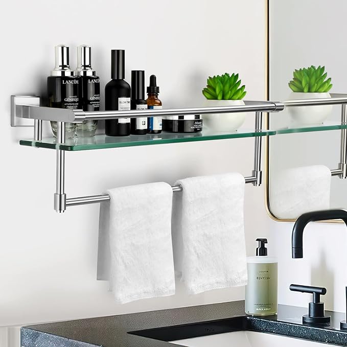Glass Bathroom Shelf with Towel Bar, Stainless Steel Tempered Towel bar/Track Glass Bathroom Shelves Wall Mount Over The Toilet (Brushed Nickel, 20-inch)