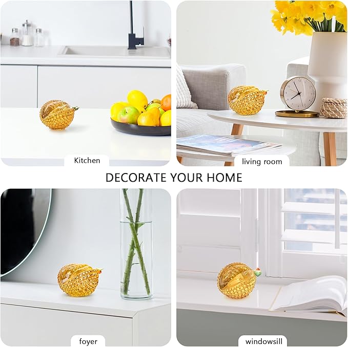 Crystal Durian Figurine, Glass Fruit Kitchen&Living Room Desk Decor, Yellow Handmade Art Glass Collectibles Gifts for Friends Housewarming Birthday