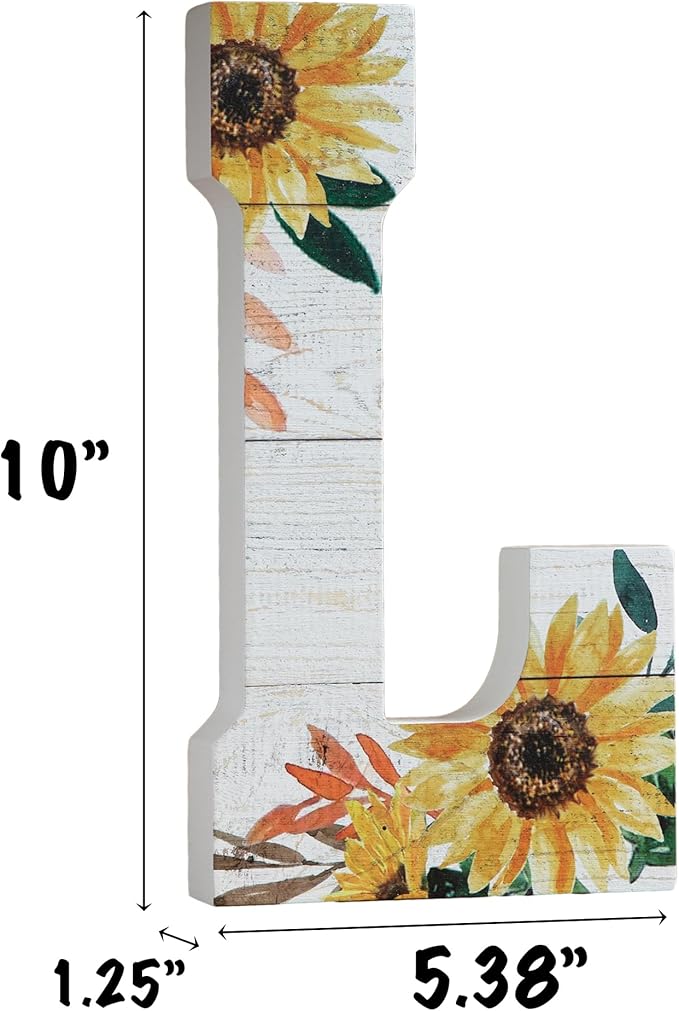 COLLECTIVE HOME - 10" Wood Lettes for Wall Decor, Sunflower Tabletop Alphabet Decoration, DIY Farmhouse Decor, Rustic Freestanding Monogram Block (L)