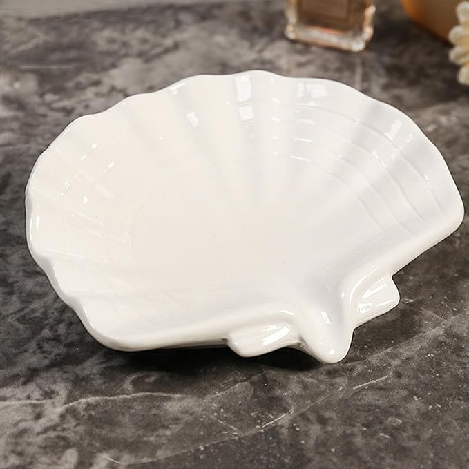 Ceramic Soap Holder, Sea-Shell Soap Tray with Self Draining, Soap Tray for Sink Washroom Bathroom Shower, Small Cute and Elegant Holder with Glaze, Easy Cleaning (White)