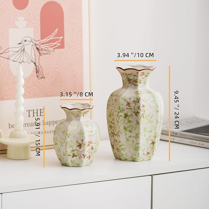 Blue and White Vase, Vintage Blue Ceramic Flower Vessel,Ceramic vases for Home Decor,Vintage Green and Beige for Console Table Mantle Chinoiserie Decor (Green and Beige-01, Large)