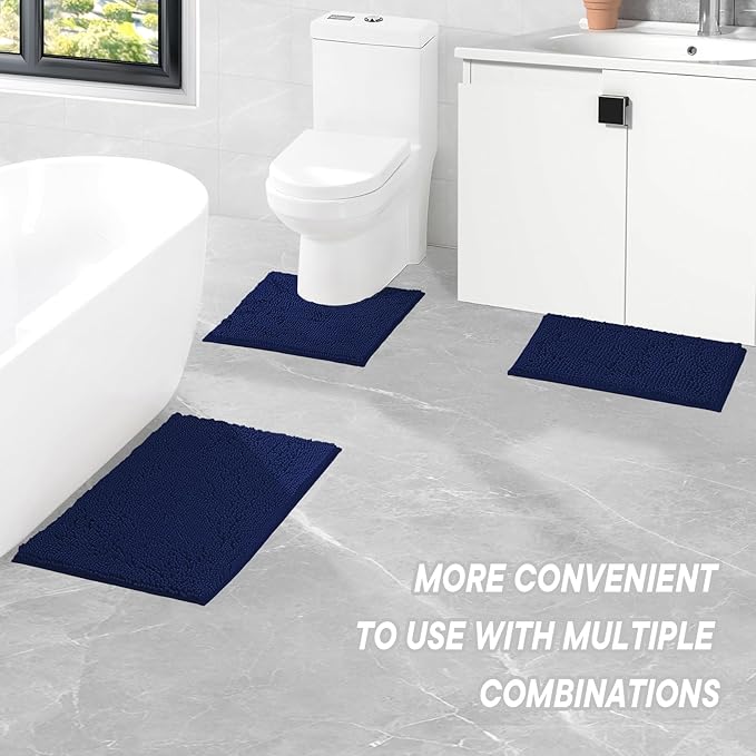 Bathroom Rugs 2 Pieces Chenille Bath Rug Mat, Extra Thick and Soft Absorbent Bath Rugs, Machine Washable, Non-Slip Plush Bath Mats for Tub, Shower, and Bath, (Navy Blue, 32"x20"+24"x16")