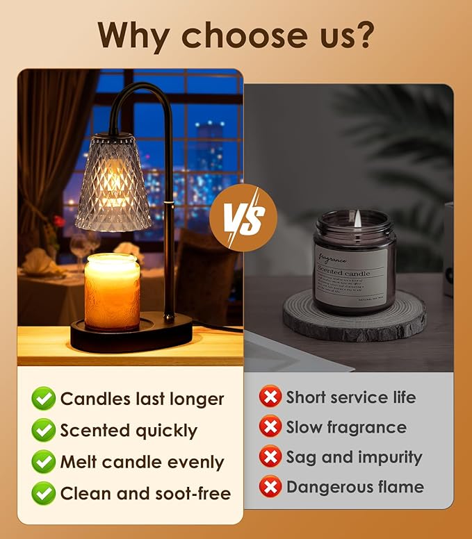 Candle Warmer with Timer - Electric Candle Warmer with Dimmer, Adjustable Height, Vintage Nightstand Lamp Sets (Diamond Pattern)