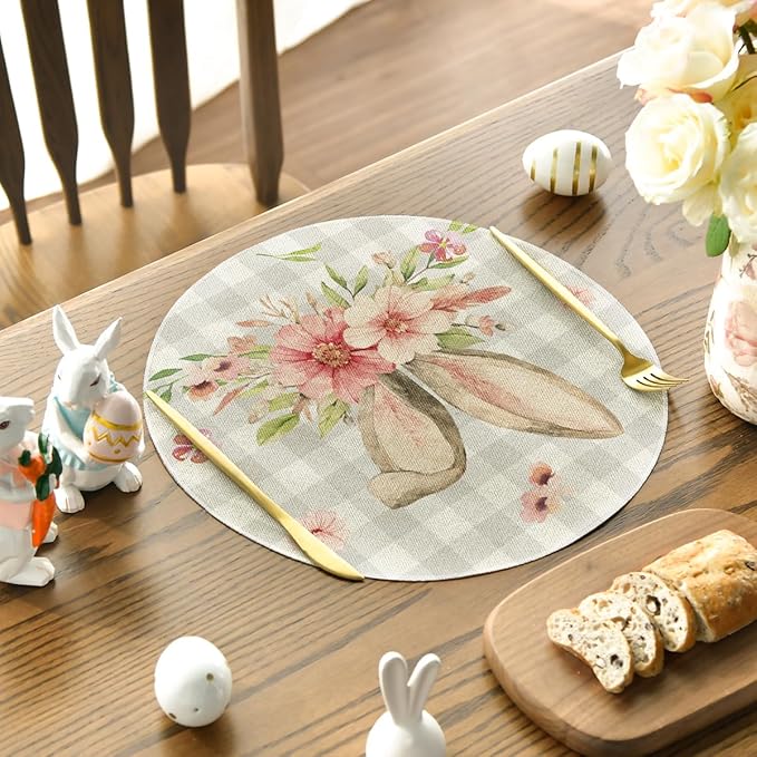 Artoid Mode Bunny Rabbit Ears Buffalo Plaid Flower Easter Round Placemats Set of 4, 15 Inch Spring Table Mats for Party Kitchen Dining Decoration