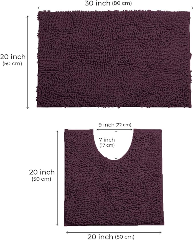LuxUrux Bathroom Rugs Sets 2 Piece: Quick Dry, Soft Plush Anti-Slip, Super Absorbent. Includes Rectangular (31x20 inches) & U-Shaped Toilet Mat (20x20 inches) | Plum