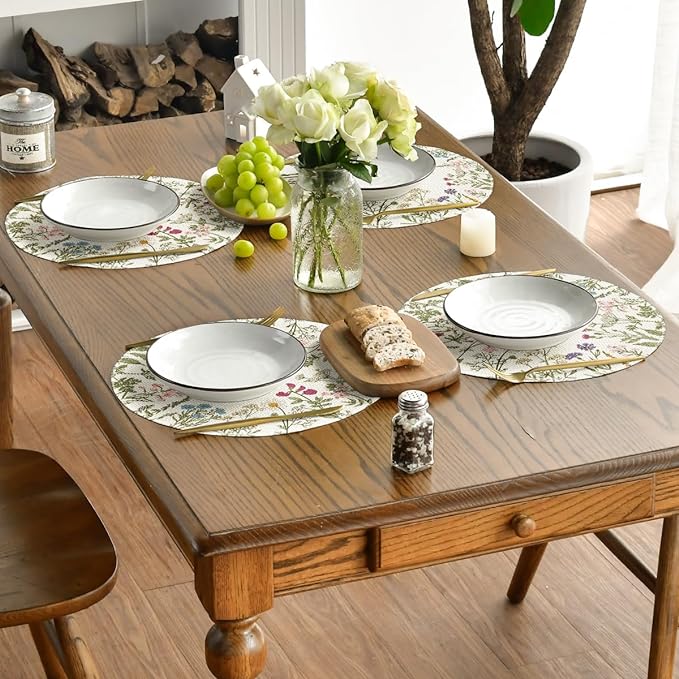 Artoid Mode Antique Herbs Wild Flowers Spring Round Placemats Set of 6, 14 Inch Summer Round Table Mats for Dining Decoration