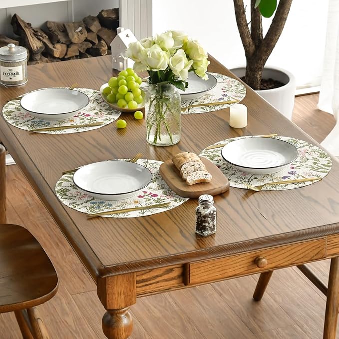 Artoid Mode Antique Herbs Wild Flowers Spring Placemats Set of 4, 14 Inch Summer Round Table Mats for Dining Decoration