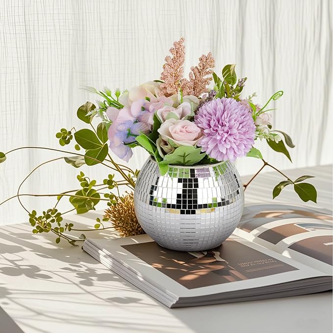 Disco Ball Planter, Disco Ball Vase, Flower Pot Containers with Silver Mirror Glass for Wedding, Birthday, Party, Bar, Office (Silver, 3 * 4 * 4 inch)
