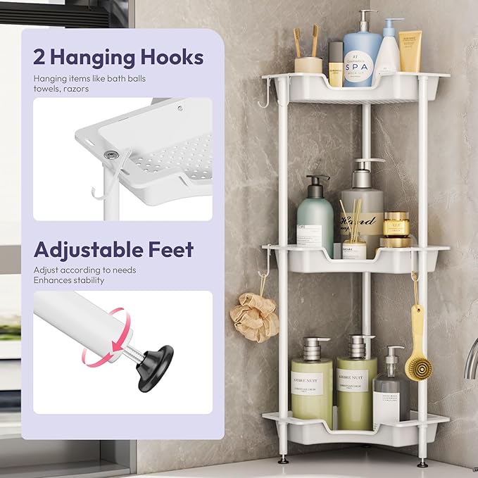 SWTYMIKI Corner Shower Caddy Standing - 3 Tier Floor Standing Shower Organizer with 4 Hooks, Plastic & Stainless Steel Waterproof Corner Stand Shower Shelf Storage Rack for Bathroom, Bathtub, White