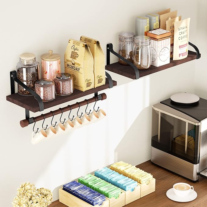 Love-KANKEI Floating Shelves for Coffee Bar, 17.3 Inch Bathroom Shelves Set of 2 with Wood Bar, 8 Hooks for Kitchen, Bedroom,Living Room, Dark Walnut