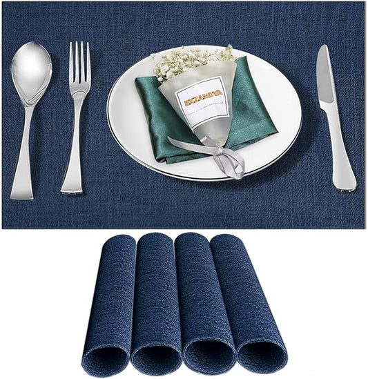Placemats Set of 4,Washable,Heat and Stain Resistant Indoor/Outdoor Place mats, Vinyl Woven Non Slip Table Mats for Restaurant Table Protection, PVC Table Placemats.(Navy Blue, 4PCS)