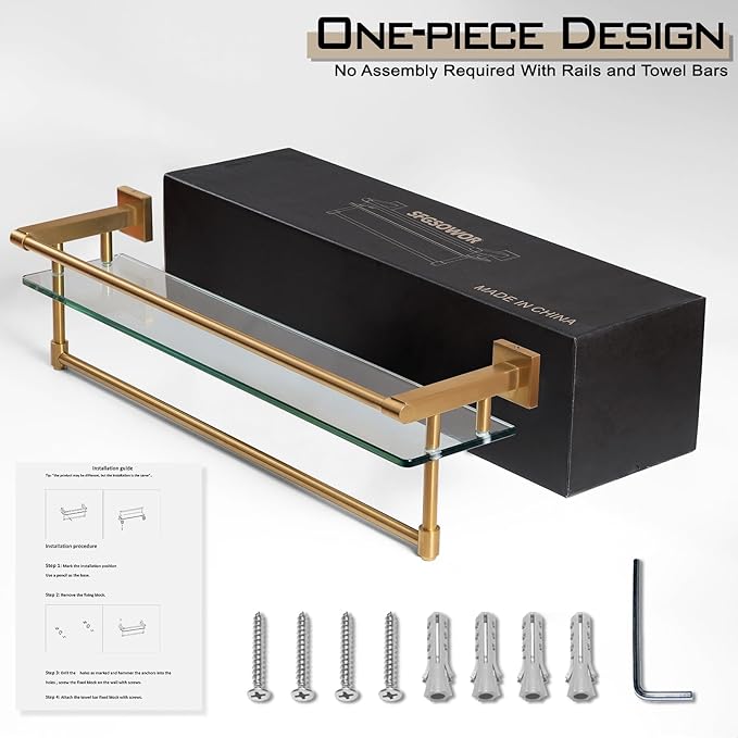 Bathroom Glass Shelf with Towel Bar/Rack 24 inches Wall-Mounted Shelves Tempered Glass Sink Toilet Organizer Shower Towel Decorative Storage (Polished Gold Finish)