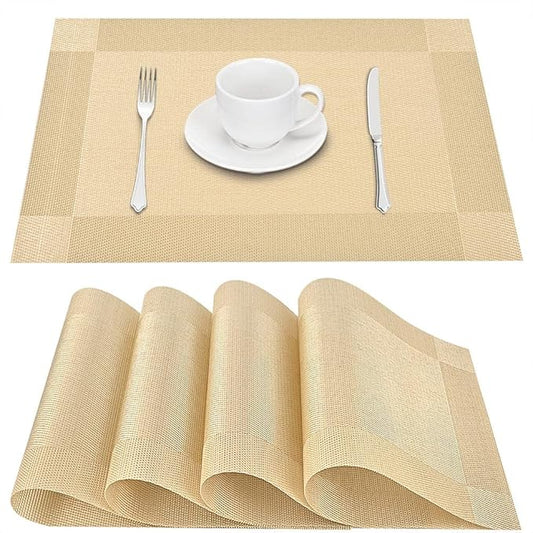 GIVERARE Placemats Set of 4, Heat-Resistant Woven Vinyl Placemat, Non-Slip Washable PVC Table Mat, Easy to Clean Premium Plastic Mats for Dining, Kitchen Table (Golden)
