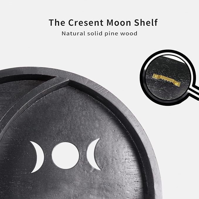 Myuilor Wooden Moon Shelf, 15.75Inch Crescent Moon Shelf for Crystals, Stones & Essential Oils, Crystal Shelf Display Pine Floating Circle Shelf, Crystal Moon Shelves