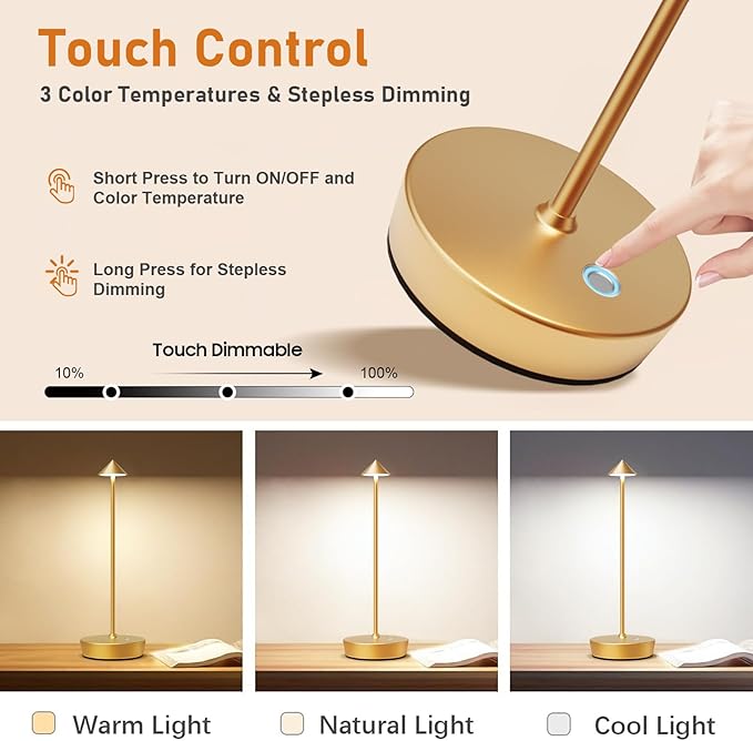 Rechargeable Cordless Table Lamp, 6000mAh LED Battery Operated Desk Lamp Touch 3 Color Stepless Dimming Portable Outdoor Waterproof Table Light for Patio/Restaurant/Dining/Home (Gold)