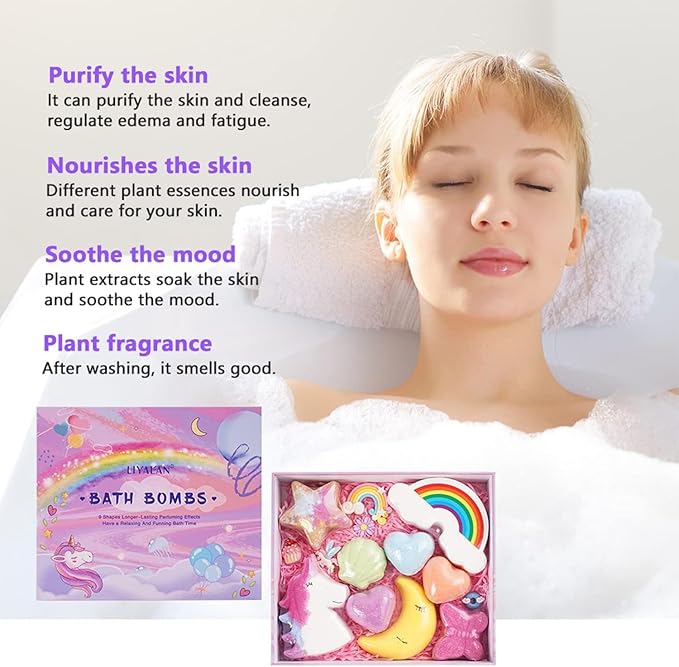 EBS Rainbow Bath Bombs Gift Set, 9 Pcs Handmade Bubble Bath Fizzies, Unicorn Bath Bomb Set for Girls, Natural Organic Bath Bombs Safe for Kids & Toddlers, Gift for Valentine's Day