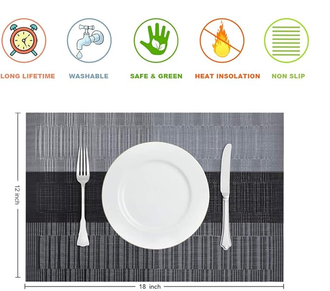 GIVERARE Placemats Set of 4, Heat-Resistant Woven Vinyl Placemat, Non-Slip Washable PVC Table Mat, Easy to Clean Premium Plastic Mats for Dining, Kitchen Table (Black+Gray)