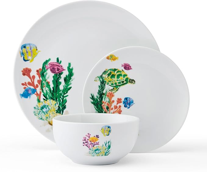 Studio Nova Coastal Ocean Underwater Life 12 Piece Dinnerware Plate Bowl Set, Service for 4